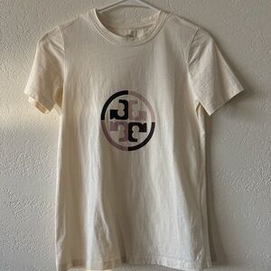 Tory Burch Cream Short Sleeve Logo Tee with Multicolor Emblem